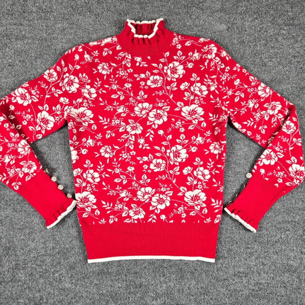 Ontwelfth Floral Mock Neck Sweater Womens Medium Red White Ruffle Rhinestone